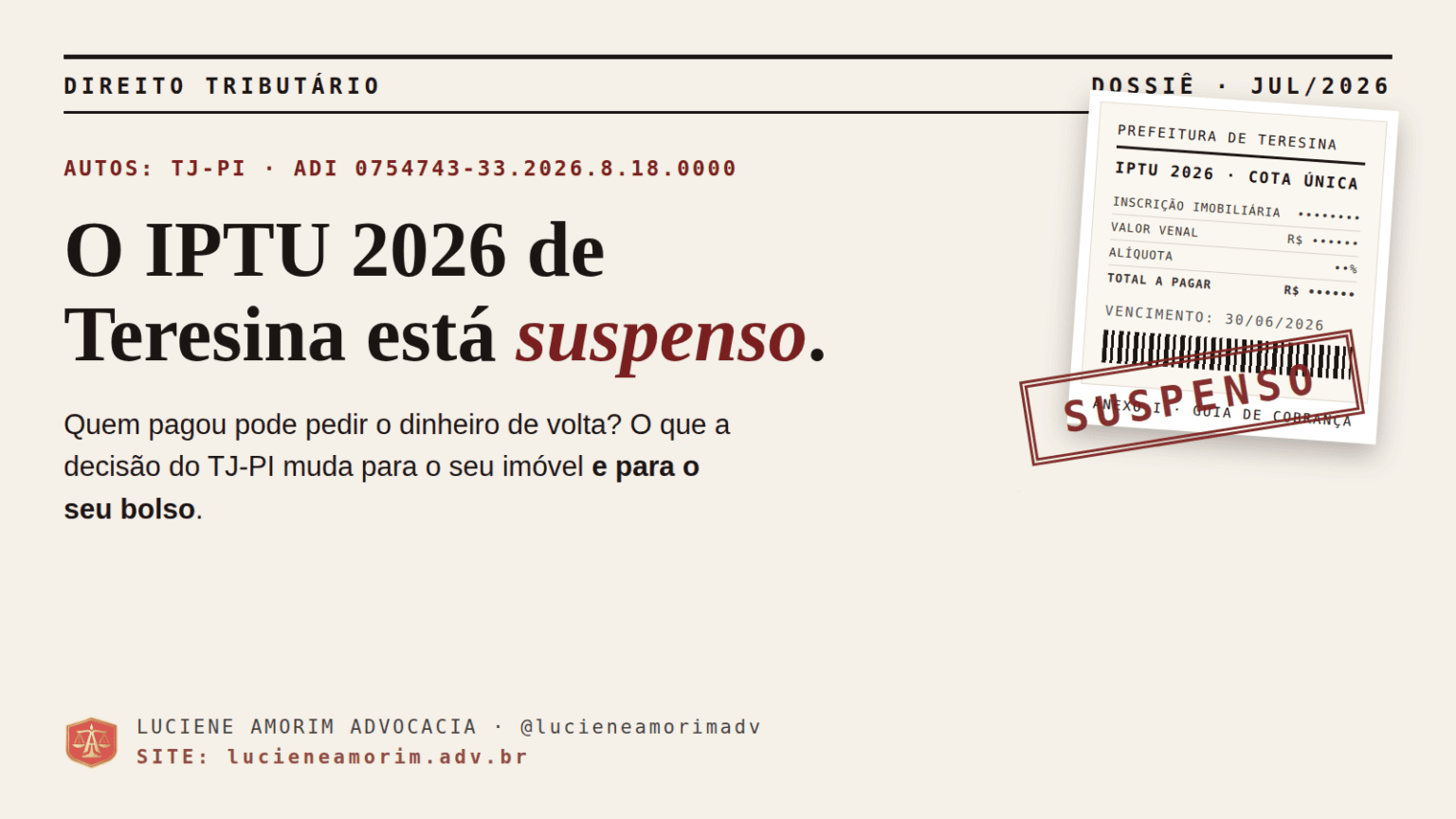 Arte com guia de IPTU 2026 de Teresina carimbada como suspenso, decisão do TJ-PI